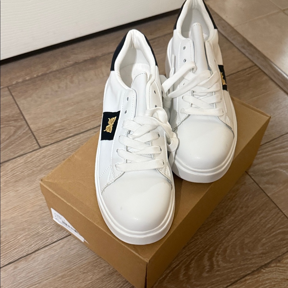 White Platform Sneakers with Gold Butterfly Detail